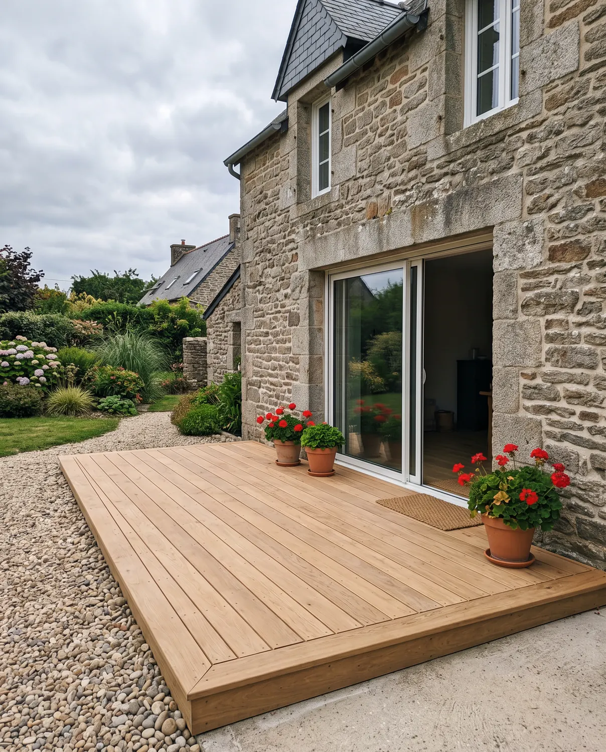 Terrasse en bois massif devant une maison en pierre bretonne