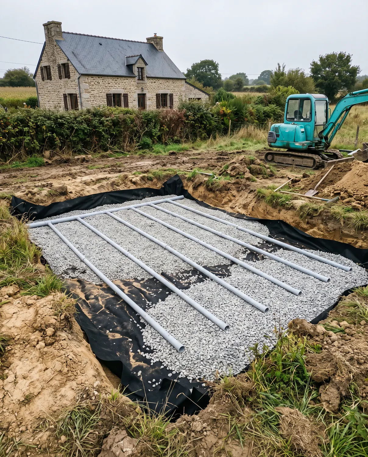 Lit filtrant avec géotextile, drains et gravier avant remblai