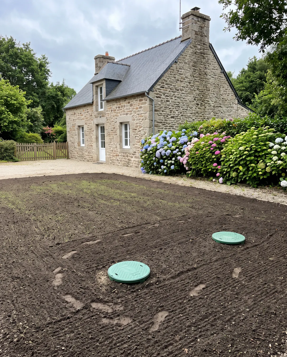 Jardin remis en état après des travaux d'assainissement, couvercles de regard affleurants