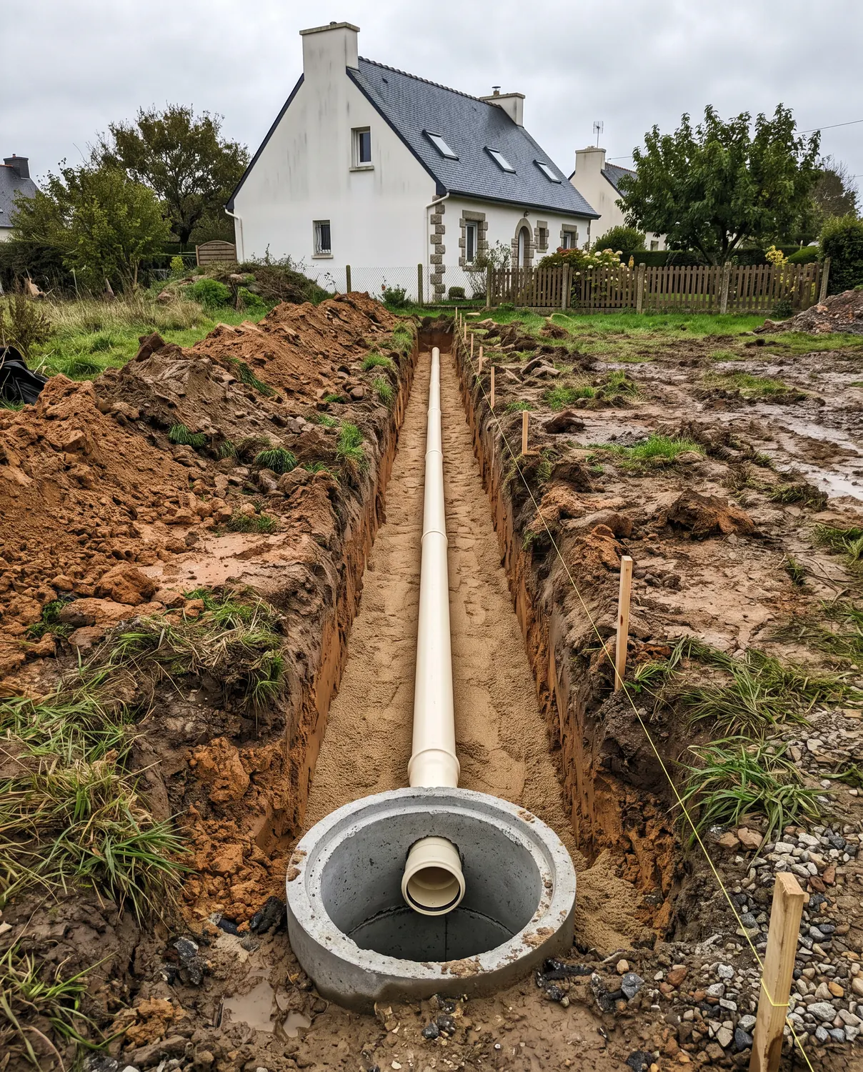 Tranchée avec canalisation d'assainissement et regard de visite