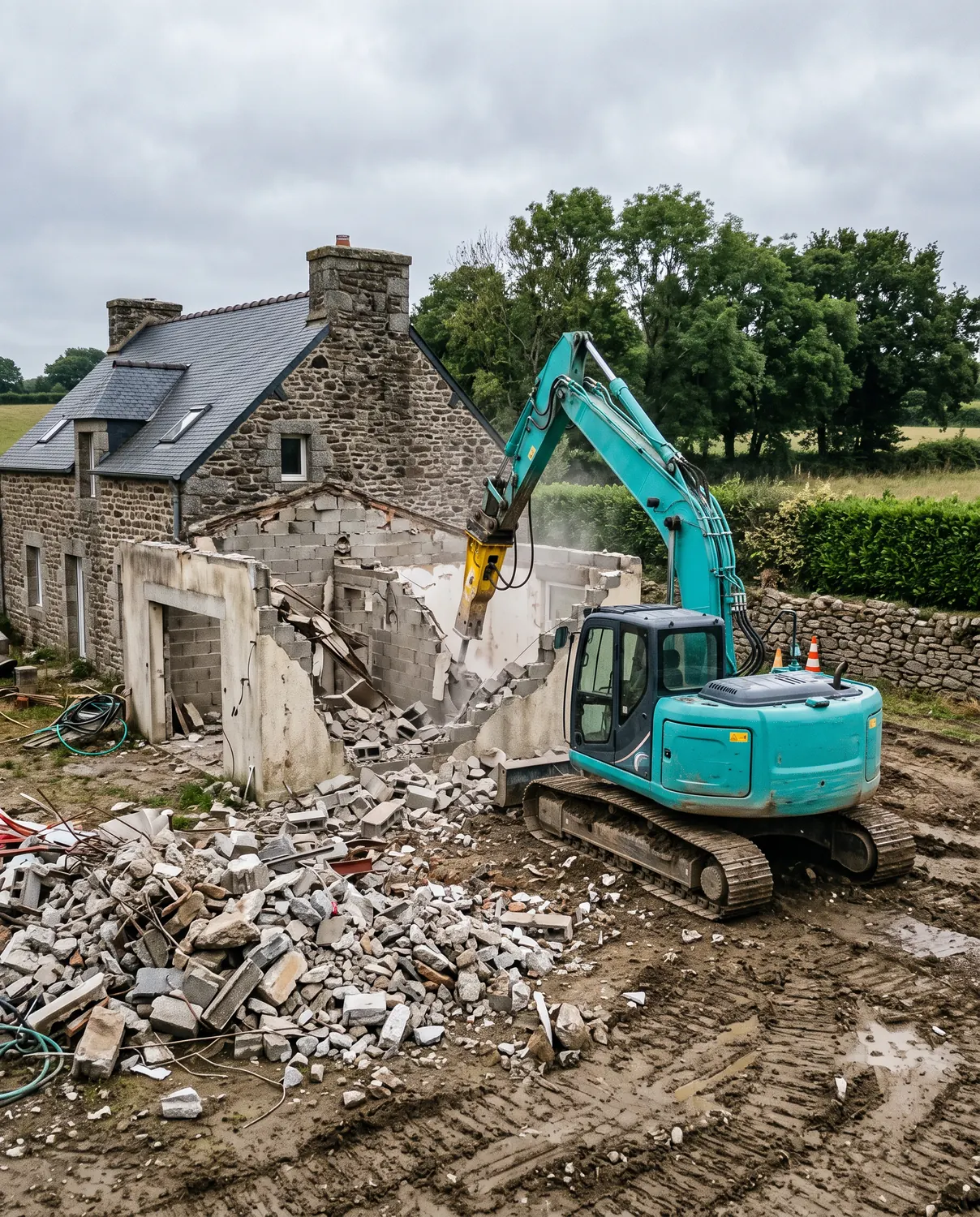 Pelle équipée d'un brise-roche démolissant une annexe en parpaings accolée à une maison en granit