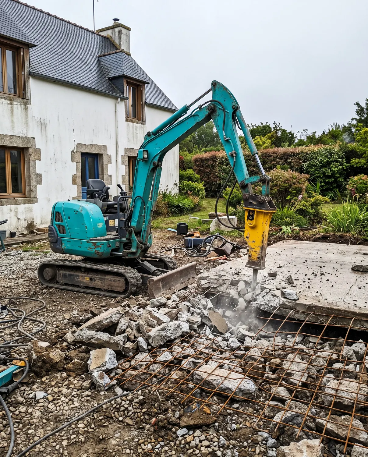 Mini-pelle avec brise-roche cassant une dalle en béton armé dans un jardin