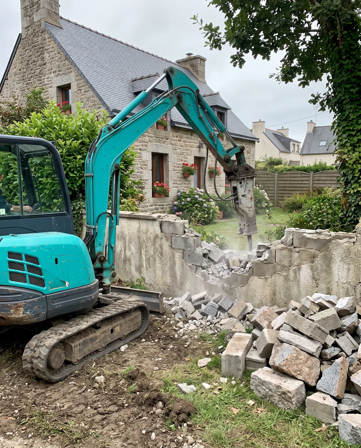 Démolition d'un mur de clôture en parpaings avec une mini-pelle et un brise-roche